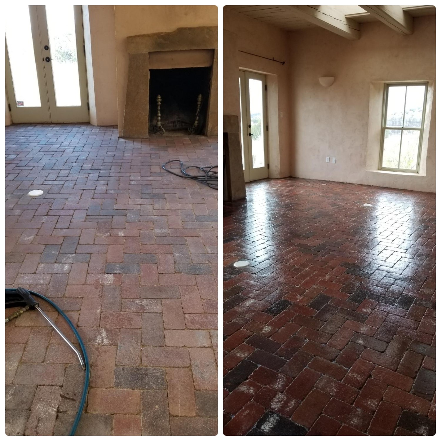 brick floor before and after with fireplacec