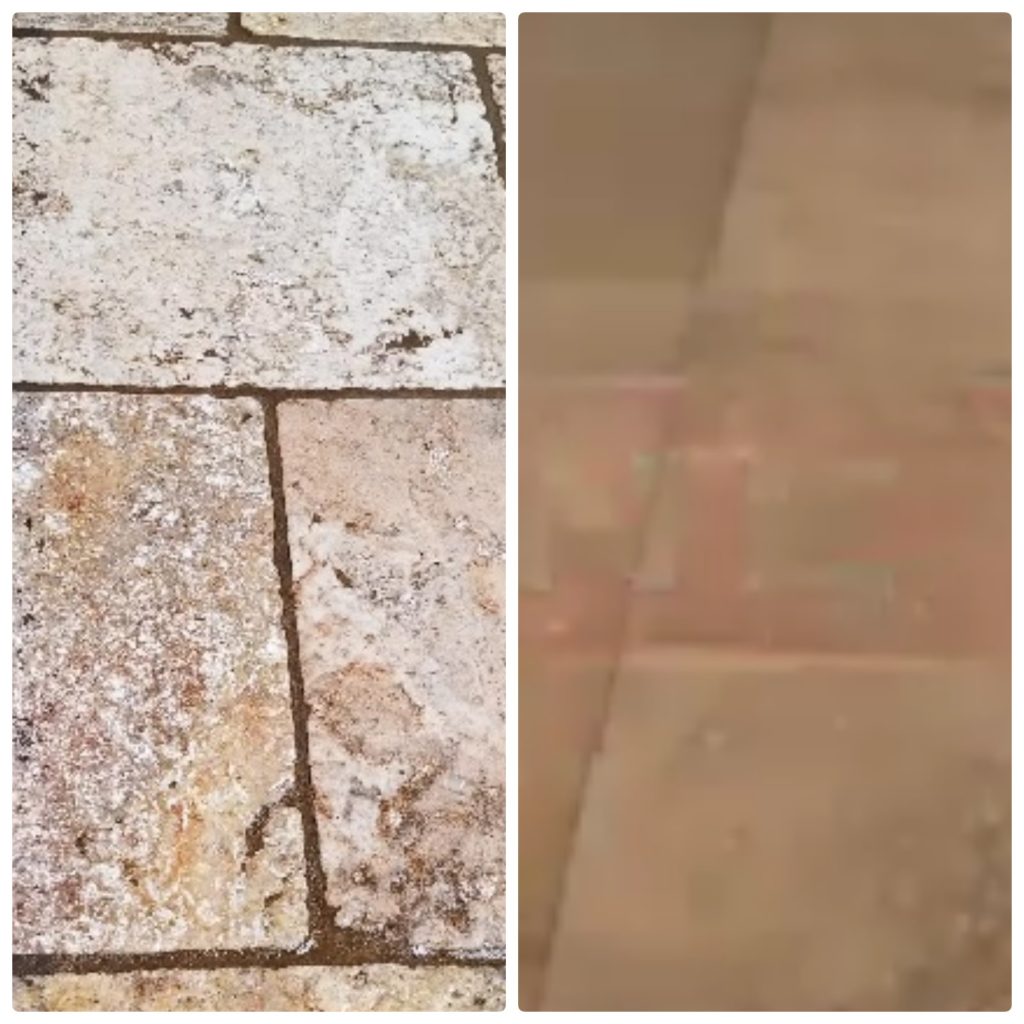 dirty travertine on the left and clean travertine on the right