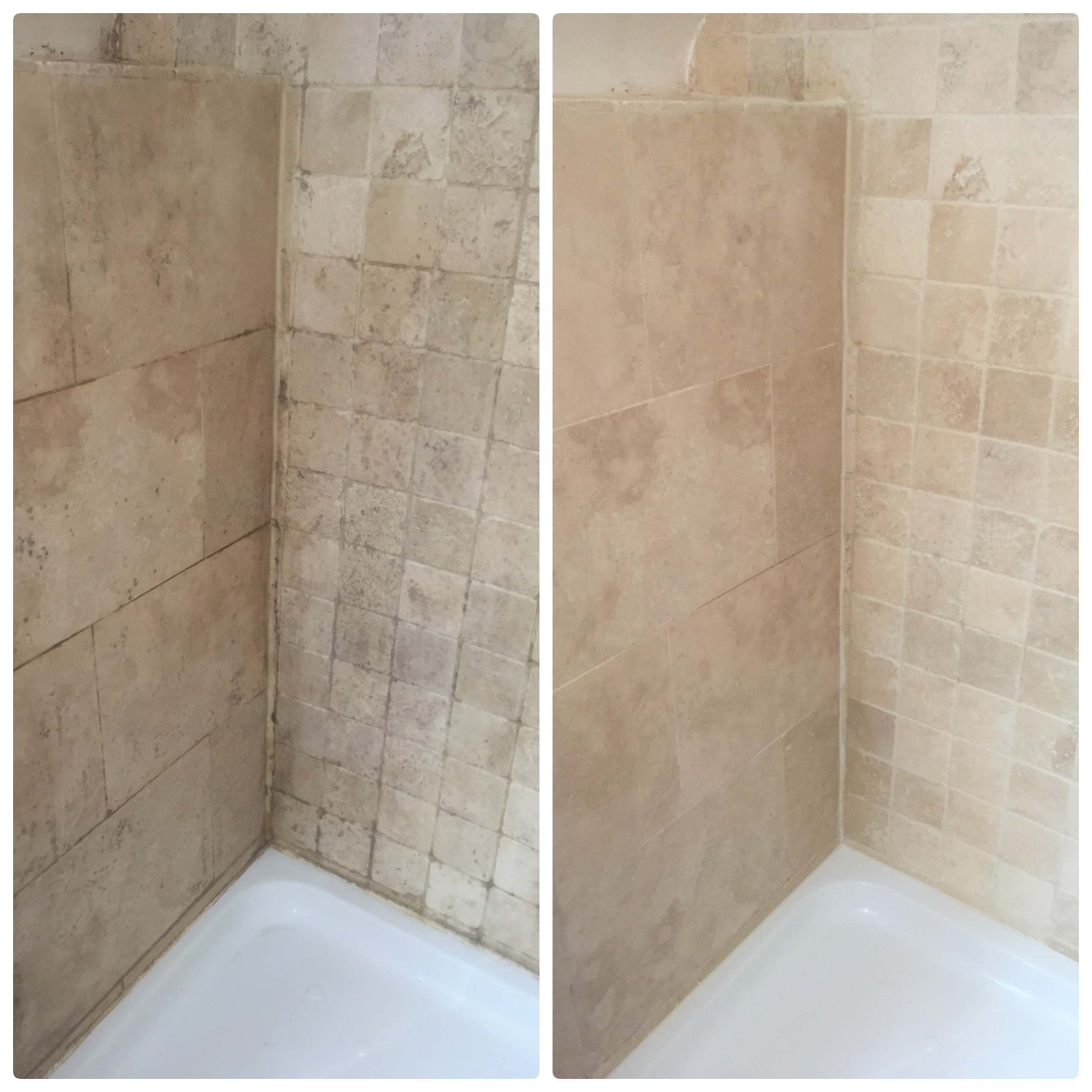 dirty travertine shower next to clean travertine shower