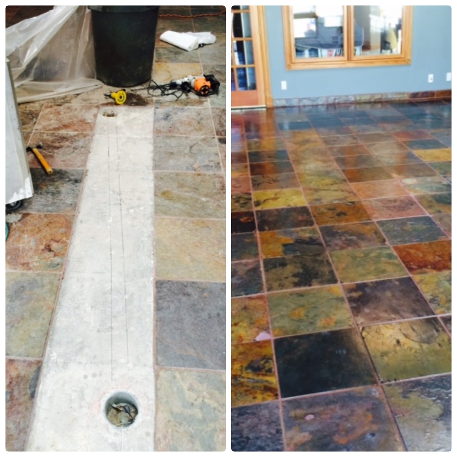 damaged slate floor and repaired slate floor